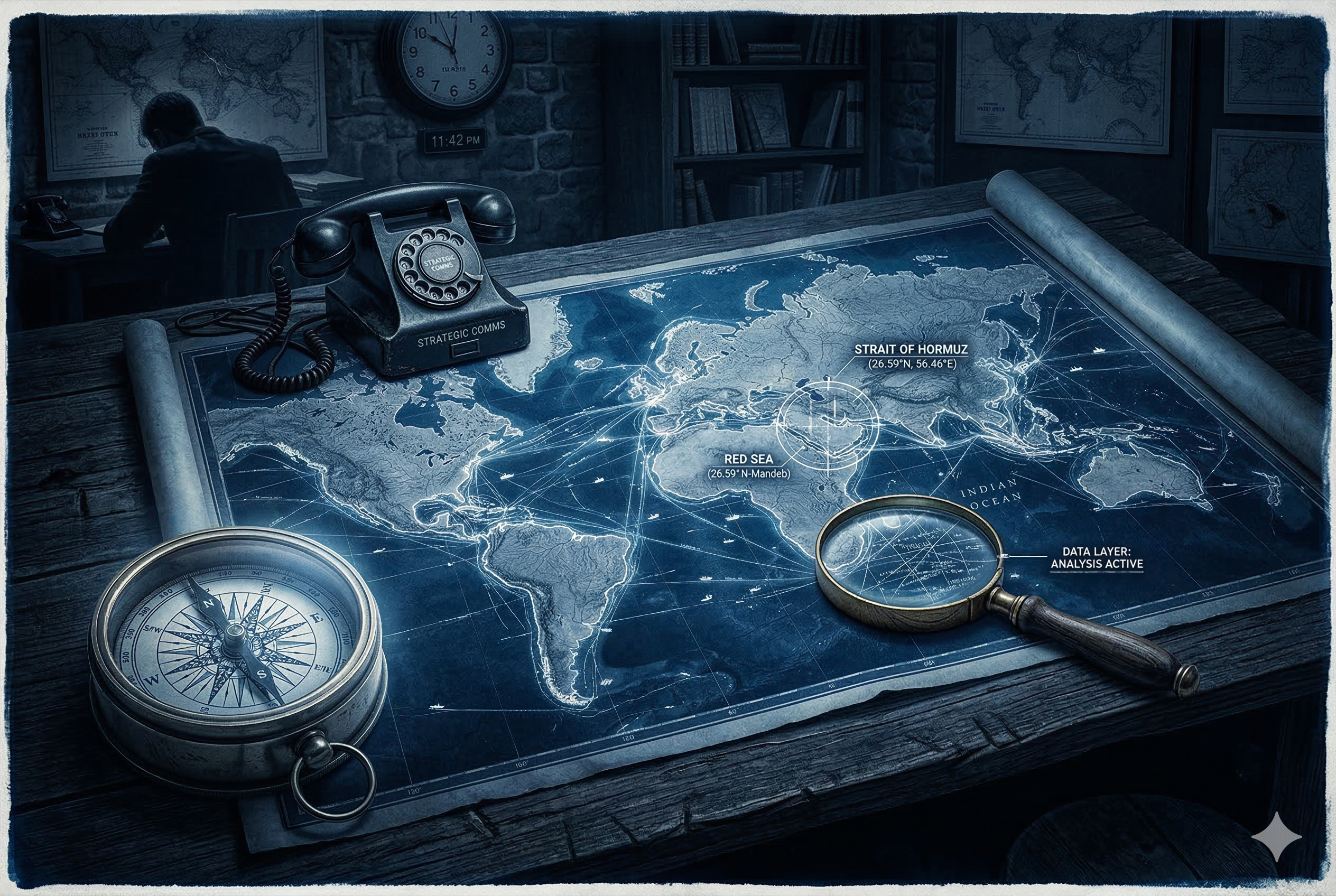 Top-down view of a maritime command desk featuring a world map with digital overlays of the Red Sea and Strait of Hormuz, a compass, a magnifying glass, and a vintage 'Strategic Comms' telephone.
