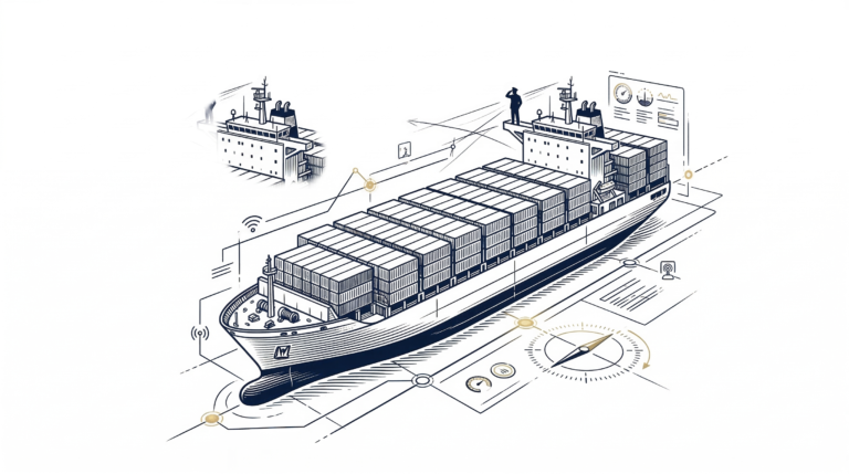Alt Text Line art illustration of a container ship with technical data overlays, including a compass rose, performance gauges, and a digital twin or VDR playback schematic in the background.