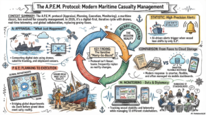 Infographic showing the A.P.E.M. Protocol (Appraisal, Planning, Execution, Monitoring) for maritime casualty management in 2026, featuring drones, AI alerts, and global collaboration.