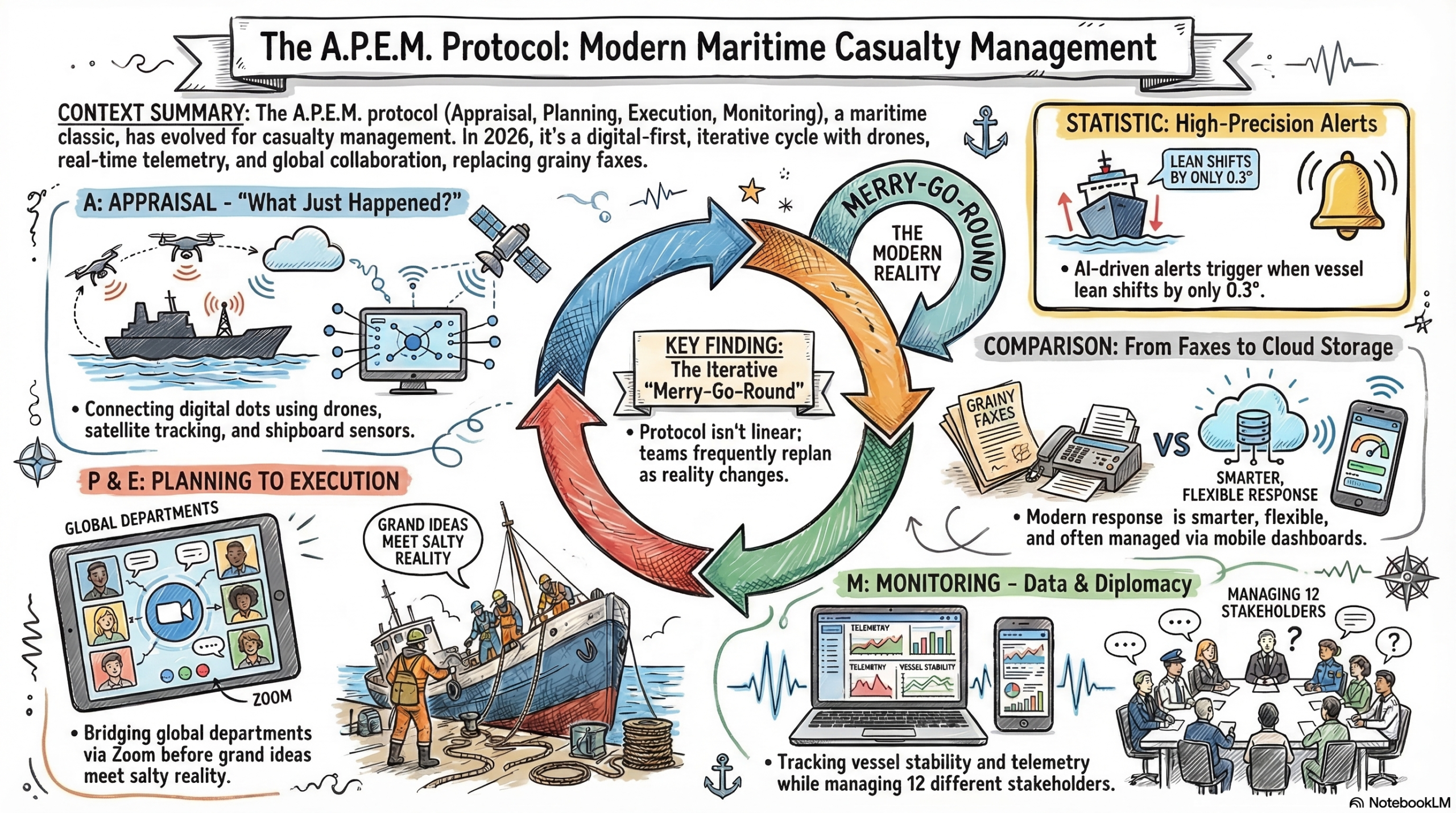 Infographic showing the A.P.E.M. Protocol (Appraisal, Planning, Execution, Monitoring) for maritime casualty management in 2026, featuring drones, AI alerts, and global collaboration.