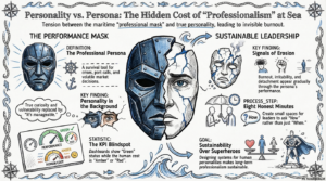 Infographic showing the tension between a mariner's professional "Performance Mask" and their true personality, highlighting invisible burnout and the need for sustainable leadership.