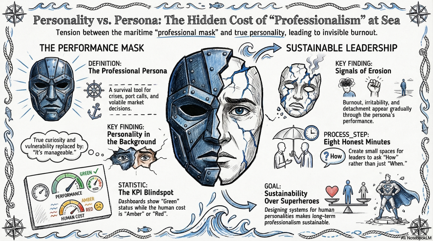 Infographic showing the tension between a mariner's professional "Performance Mask" and their true personality, highlighting invisible burnout and the need for sustainable leadership.