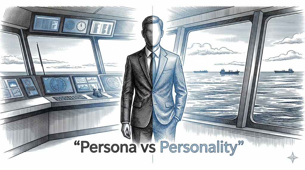 A conceptual illustration of a faceless maritime leader standing on a ship's bridge, split down the middle to represent the duality between a professional "Persona" and a private "Personality."