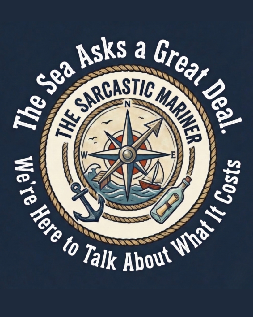 The Sarcastic Mariner circular logo featuring a compass rose, anchor, and message in a bottle with the text: The Sea Asks a Great Deal. We're Here to Talk About What It Costs.