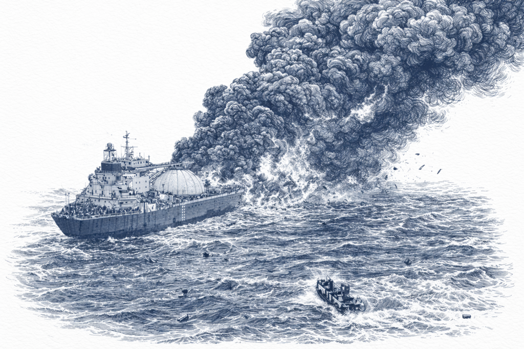 Line art illustration of a large LNG carrier or tanker on fire at sea with thick black smoke billowing into the sky and a small rescue boat or skiff approaching in the foreground.