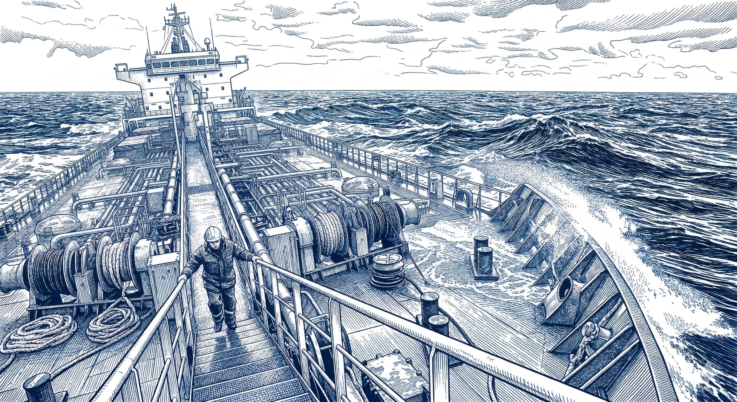 Line art illustration of a ship captain or crew member in a hard hat walking down a steep ladder on the deck of a large tanker at sea during rough weather.