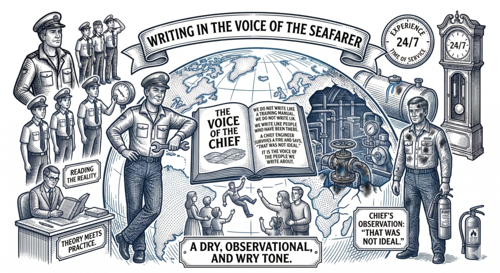 Vintage-style illustration of The Sarcastic Mariner brand manifesto featuring a Chief Engineer and maritime themes.