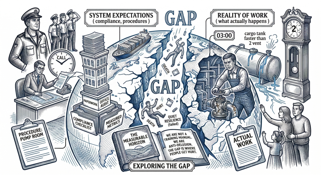 Detailed maritime illustration showing the 'Gap' between System Expectations (paperwork, audits, compliance) and the Reality of Work (a seafarer working on machinery at 03:00).