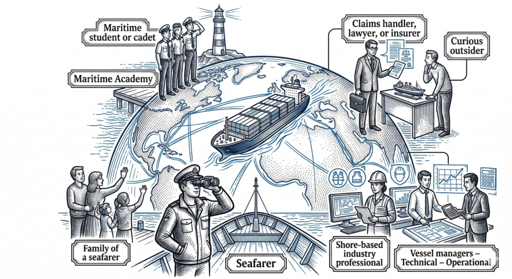 Detailed maritime illustration showing various stakeholders around a globe, including seafarers, families, students, vessel managers, and legal professionals.
