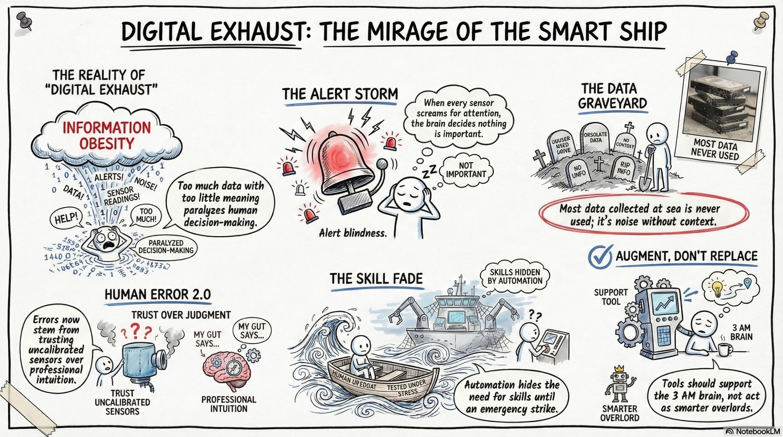 An infographic titled "Digital Exhaust: The Mirage of the Smart Ship" illustrating the downsides of maritime automation, including information obesity, alert storms, data graveyards, human error 2.0, and skill fade.