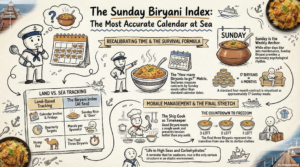 An infographic titled "The Sunday Biryani Index: The Most Accurate Calendar at Sea" showing how seafarers measure a 4-month contract in 17 Biryanis instead of days.