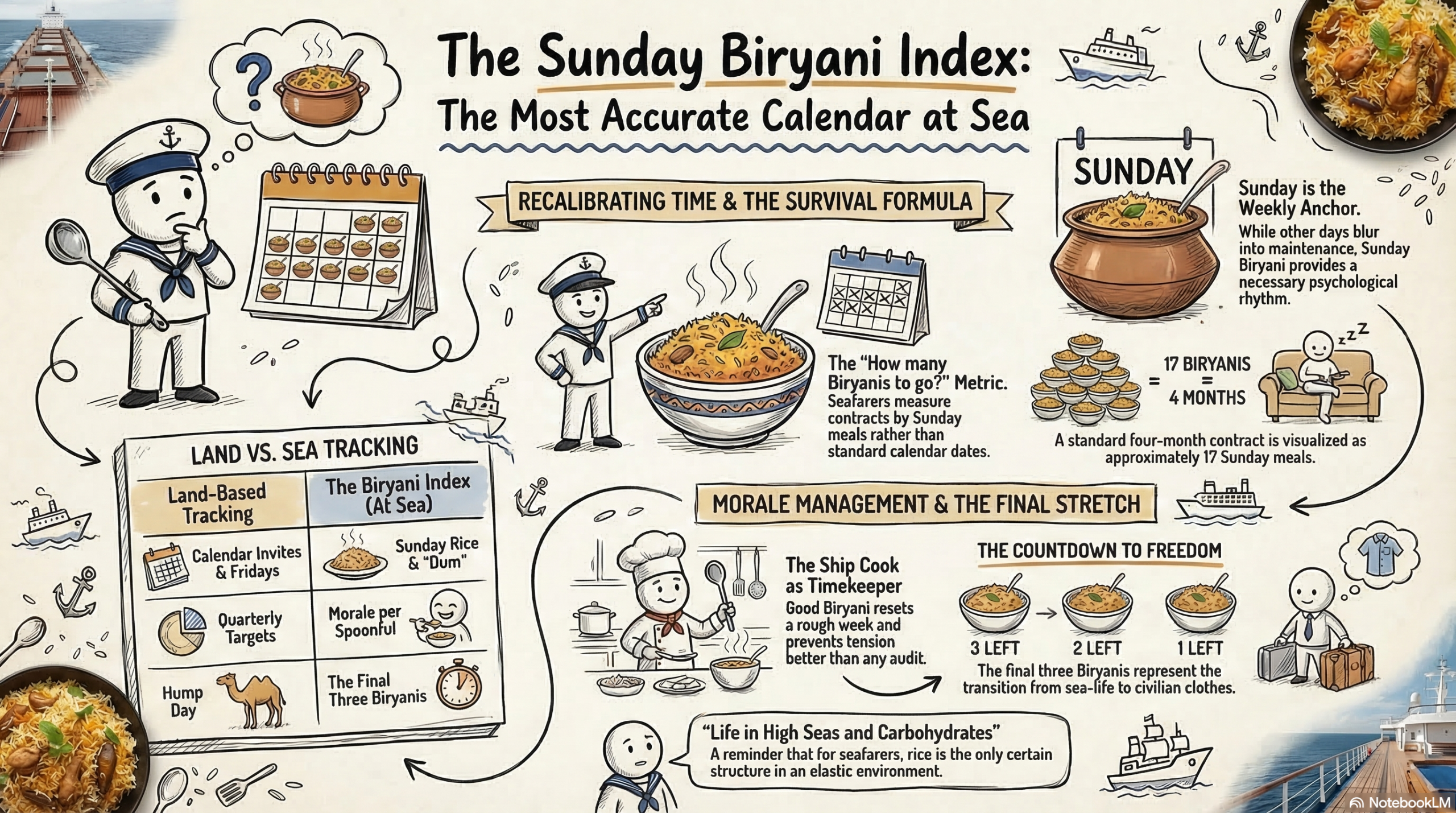 An infographic titled "The Sunday Biryani Index: The Most Accurate Calendar at Sea" showing how seafarers measure a 4-month contract in 17 Biryanis instead of days.