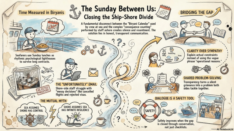 An infographic titled "The Sunday Between Us" illustrating the psychological disconnect between seafarers at sea and shore-side management, featuring the Biryani Calendar and communication solutions.
