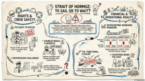 A maritime infographic titled 'Strait of Hormuz: To Sail or To Wait?' designed as a sketchbook. It details seafarers' rights to refuse entry into war zones, doubled wages, repatriation challenges, and the skyrocketing cost of war risk insurance premiums.