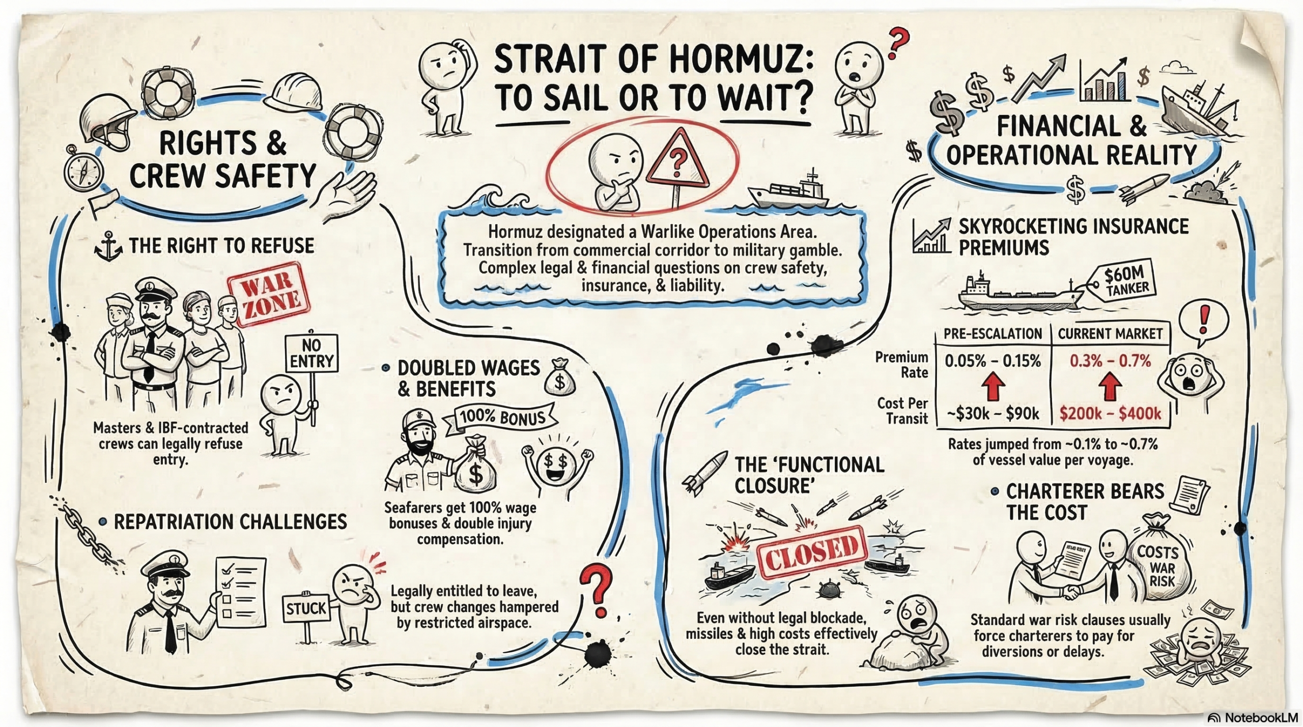 A maritime infographic titled 'Strait of Hormuz: To Sail or To Wait?' designed as a sketchbook. It details seafarers' rights to refuse entry into war zones, doubled wages, repatriation challenges, and the skyrocketing cost of war risk insurance premiums.