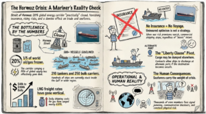 A maritime infographic titled 'The Hormuz Crisis: A Mariner's Reality Check' designed as a sketchbook. It features data on oil/gas chokepoints, insurance cancellations, the Liberty Clause, and human consequences like signal jamming and crew stress.