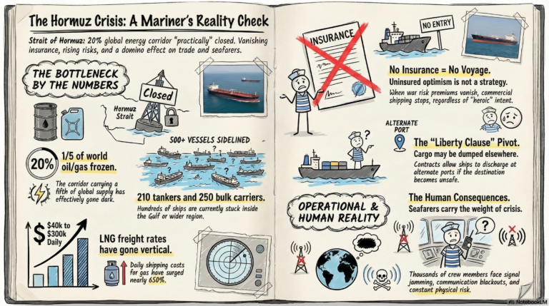 A maritime infographic titled 'The Hormuz Crisis: A Mariner's Reality Check' designed as a sketchbook. It features data on oil/gas chokepoints, insurance cancellations, the Liberty Clause, and human consequences like signal jamming and crew stress.