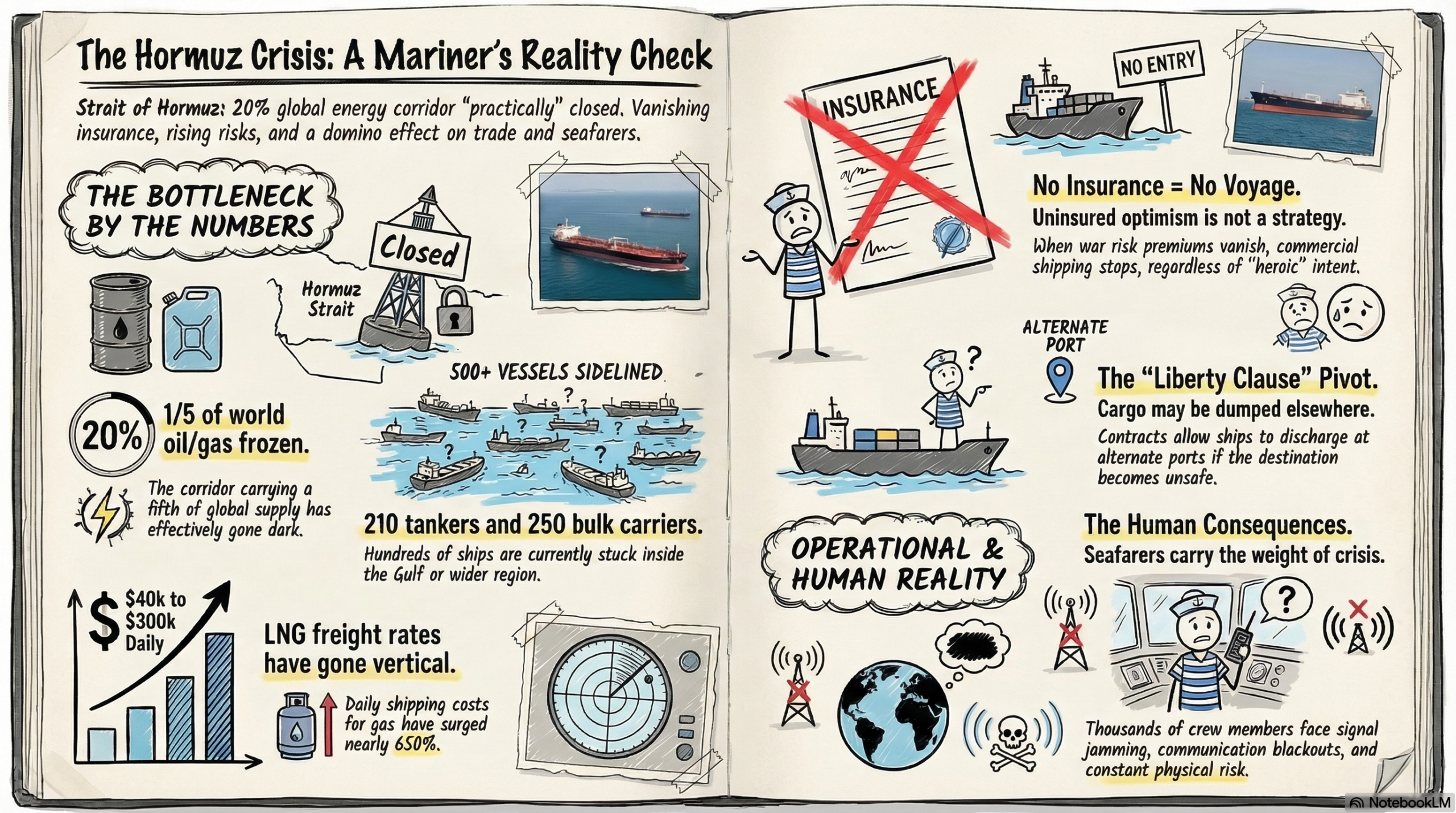 A maritime infographic titled 'The Hormuz Crisis: A Mariner's Reality Check' designed as a sketchbook. It features data on oil/gas chokepoints, insurance cancellations, the Liberty Clause, and human consequences like signal jamming and crew stress.