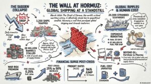 Infographic titled The Wall at Hormuz showing the March 2026 shipping crisis: 90% transit drop, 3200 ships trapped, 20000 stranded seafarers, and massive freight rate spikes.