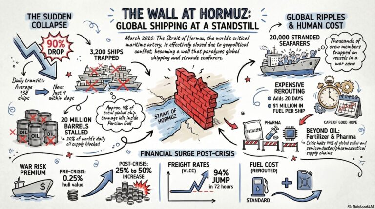 Infographic titled The Wall at Hormuz showing the March 2026 shipping crisis: 90% transit drop, 3200 ships trapped, 20000 stranded seafarers, and massive freight rate spikes.