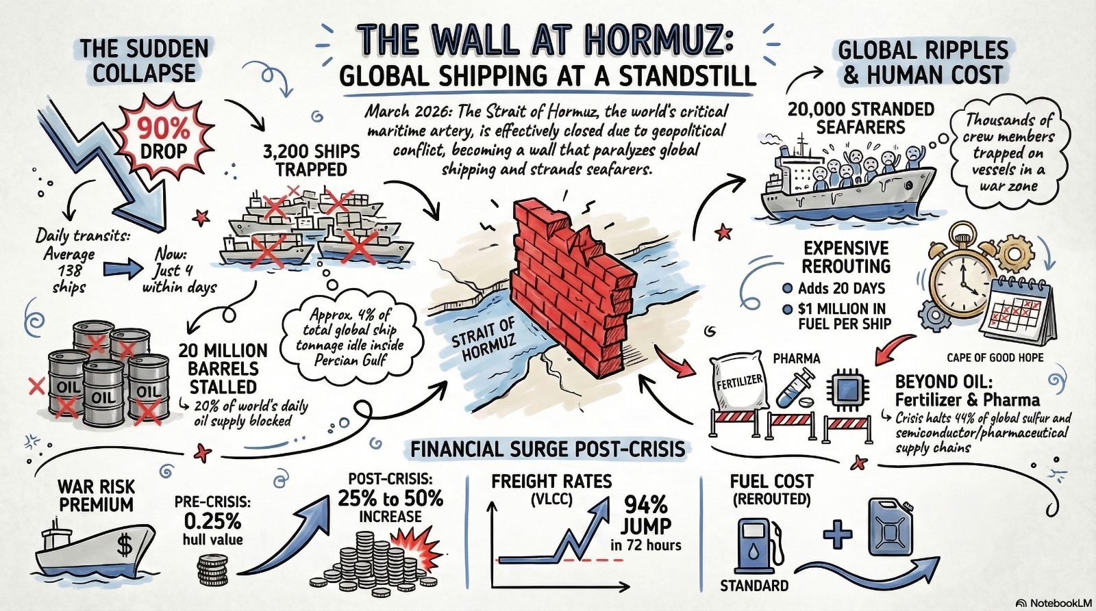 Infographic titled The Wall at Hormuz showing the March 2026 shipping crisis: 90% transit drop, 3200 ships trapped, 20000 stranded seafarers, and massive freight rate spikes.