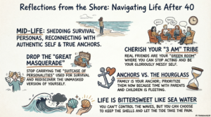An illustrated infographic titled "Reflections from the Shore: Navigating Life After 40." It features four main sections using maritime and theatrical metaphors. The top left emphasizes shedding "survival personas" to find an authentic self. The middle left, titled "Drop the Great Masquerade," shows a person discarding masks. The top right highlights the "3 AM Tribe," depicting friends talking comfortably on a sofa. The center right compares "Anchors vs. The Hourglass," showing an anchor next to a family heart and an hourglass. The bottom section, "Life is Bittersweet like Sea Water," shows crashing waves next to a pair of hands holding seashells, symbolizing keeping the good and letting the pain wash away.