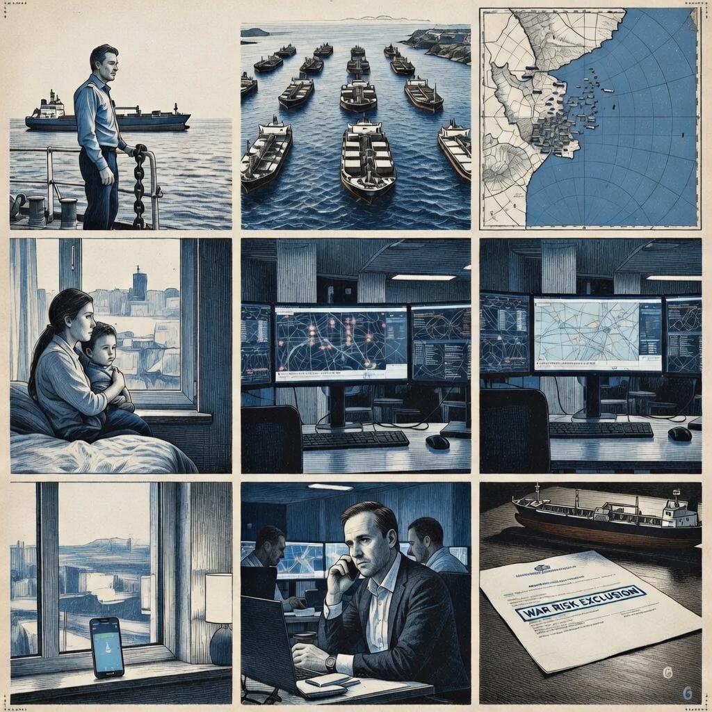 A 9-panel collage illustrating the 2026 Gulf shipping crisis: including a map of the Strait of Hormuz, stranded fleets, stressed vessel managers, war risk exclusion documents, and a seafarer's family waiting at home.
