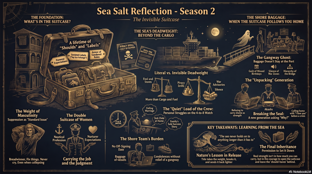 A weathered sailor standing on the deck looking out at the horizon, symbolizing the baggage we carry