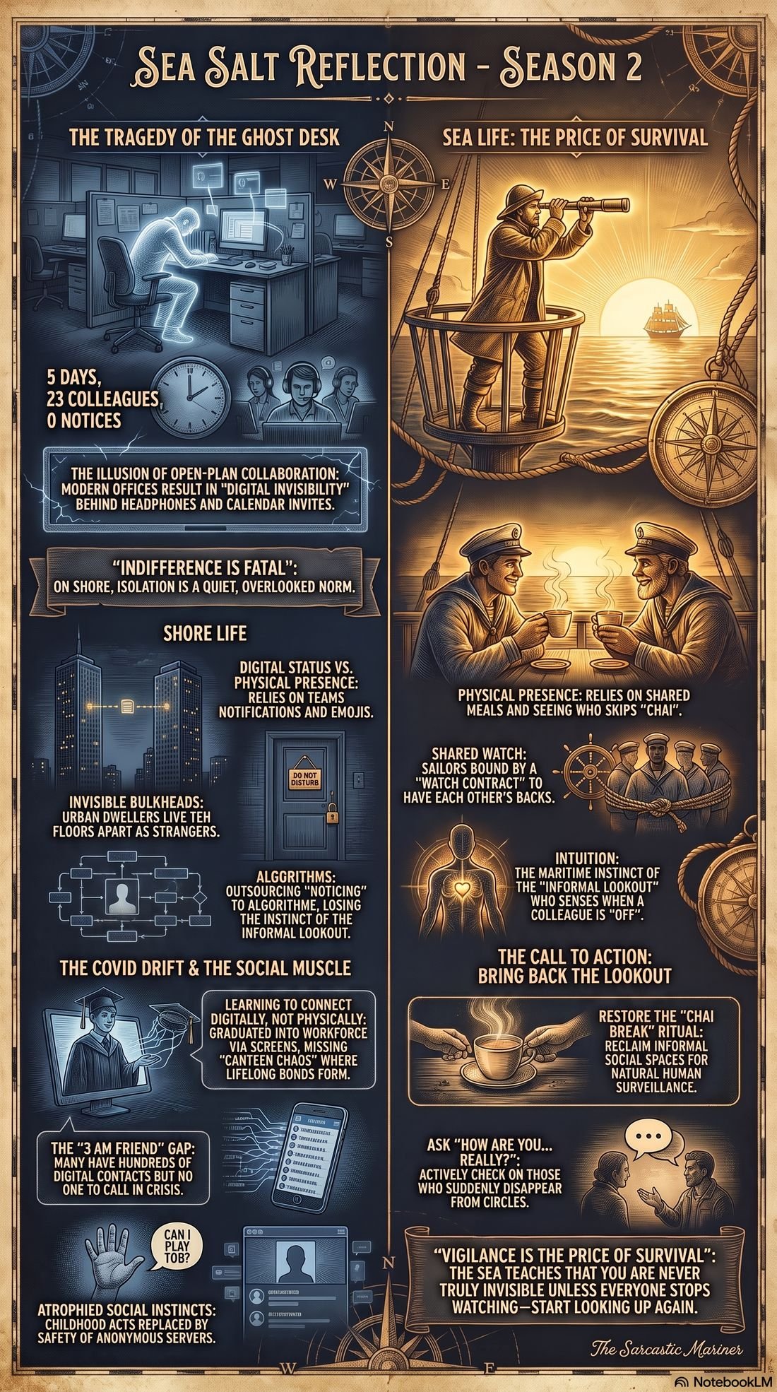 Infographic: the ghost at the desk, isolation on shore versus the informal lookout at sea